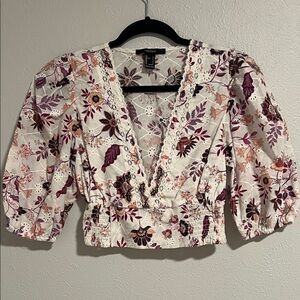 Forever 21 Floral Lace Trim Blouse - Purple and Cream